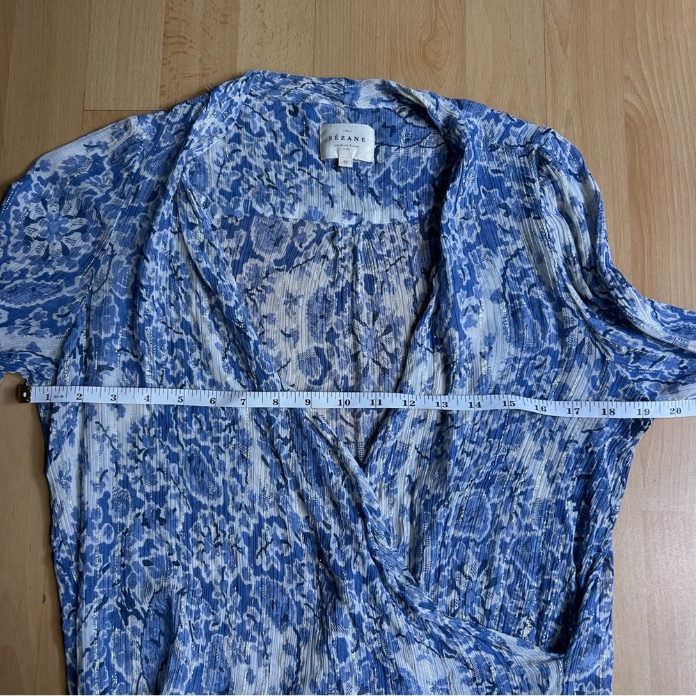Sezane Amelia Blue and White Floral V Neck Faux Wrap Blouse - Picture 12 of 13